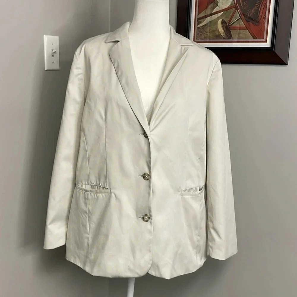 LL Bean Cotton Blazer Structured Padded Shoulder Long Sleeve Jacket SZ 18 Petite